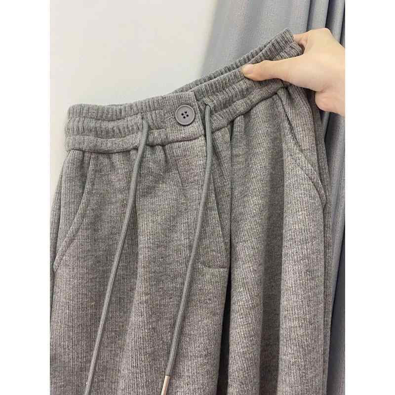 パンツ レディース 灰色 ワイドレッグパンツ 裏起毛 コットン混紡 ゆったり ストレート 9分丈 リラックス カジュアル スウィート