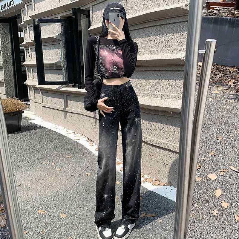 ジーンズ レディース グラデーションカラー デニム ワイドレッグパンツ ストレートパンツ ドリル装飾 高見え 高身長 ブラック 黒 コットン 綿 薄手 春夏 秋冬