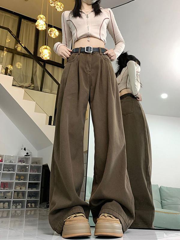デニム レディース ワイドレッグパンツ ゆったり ストレートパンツ ハイウエスト 着痩せ 美脚 脚長 接触冷感 伸縮性 コーヒー色 カーキ色 S M L XL 2XL
