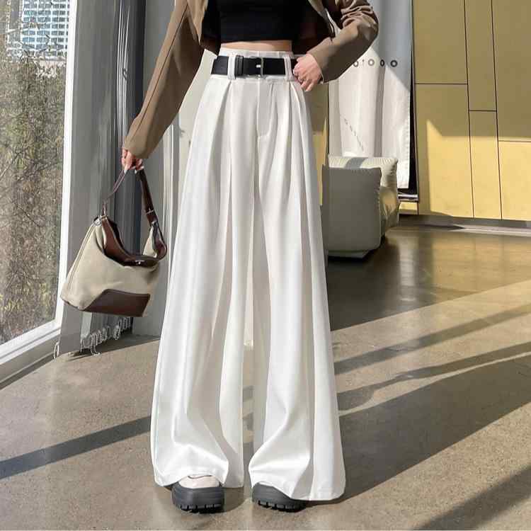 パンツ レディース 春 高見え ワイドレッグパンツ ポリエステル混紡 ストレッチ 高腰 ストレートパンツ ロングパンツ 黒 白 灰色 S M L XL 2XL