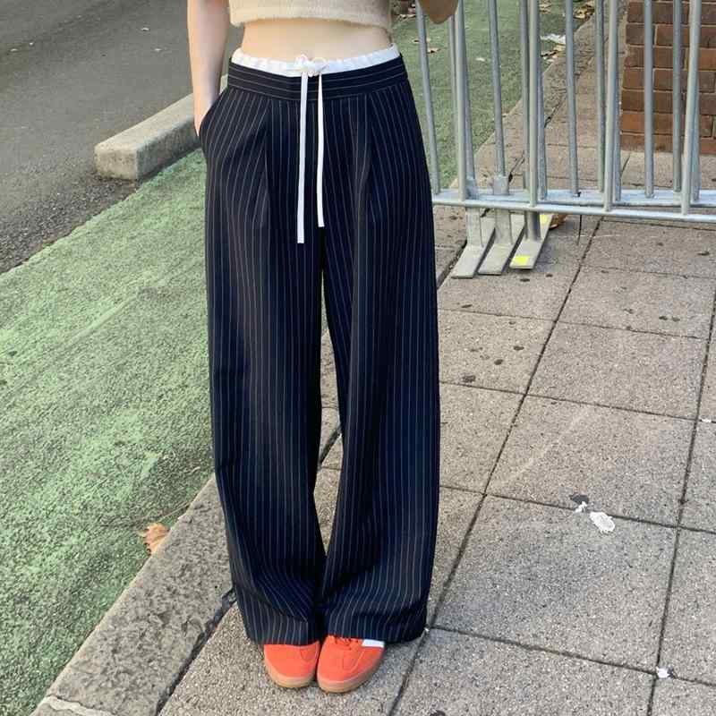 パンツ レディース 通勤 高見え ストライプ柄 ワイドレッグパンツ ハイウエスト ウエストマーク カジュアル 薄手 グレー ブルー S M L