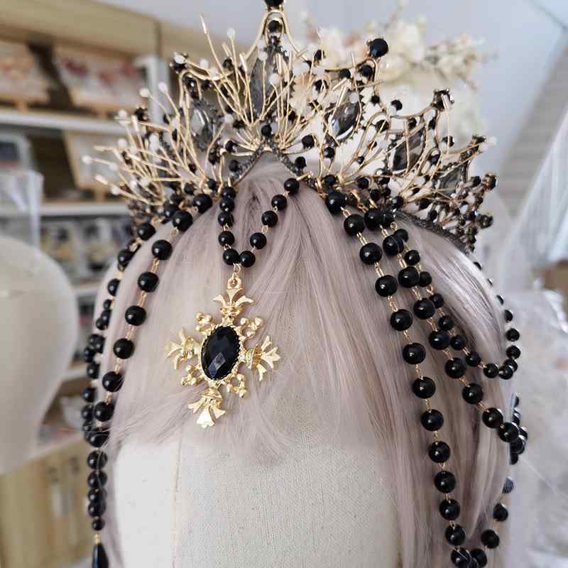 ヘアアクセサリー レディース バロック調 王冠 ヘアバンド ヴィンテージ風 ヘッドドレス 異国風 パール ブラック アロイ 手作り