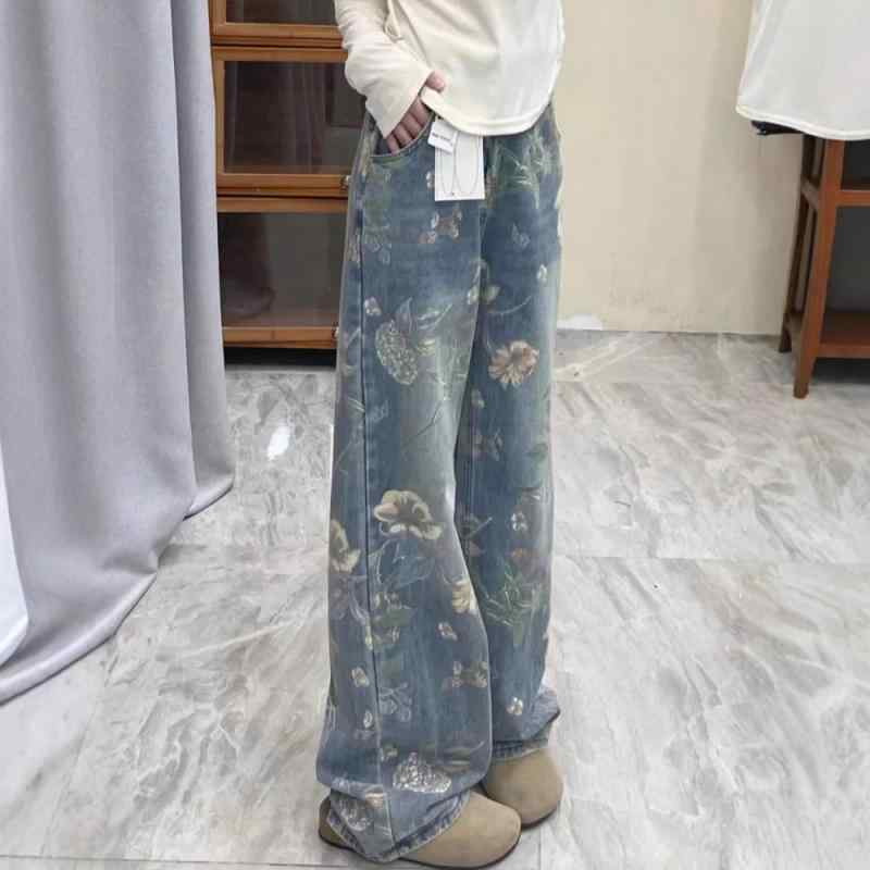 ジーンズ レディース 花柄 デニム ワイドパンツ ハイウエスト ジーパン ズボン ボトムス 美脚 脚長 ブルー コットン 大 ラッパ 伸縮性 デニム