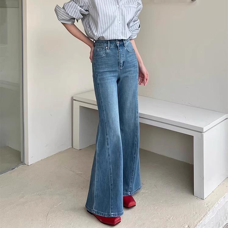 デニム レディース 春 高身長 ワイドパンツ フレアパンツ 美脚 ストレッチ 伸縮性 接触冷感 ブルー S M L XL 通勤 オフィス きれいめ 上品
