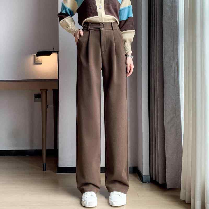 パンツ レディース 秋冬 ワイドレッグパンツ ポリエステル 毛混 高見え 厚手 ハイウエスト ストレート ゆったり リラックス あったか 裏起毛 カジュアル 韓国風 美脚 ブラック 黒 ブラウン グレー ベージュ XS S M L XL 2XL