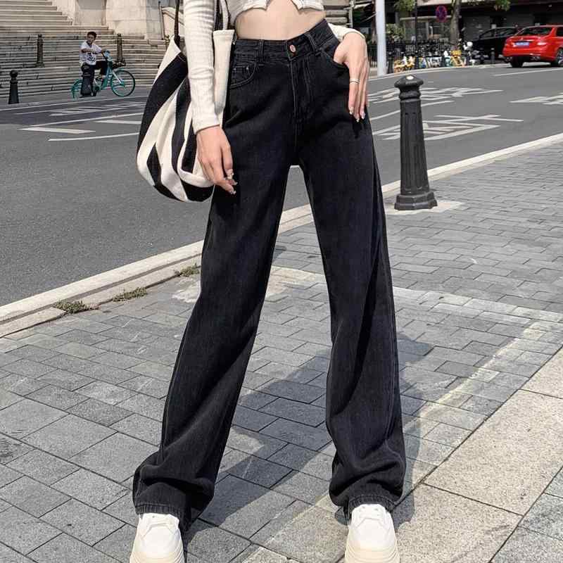 ジーンズ レディース ハイウエスト ストレート ゆるかわ デニム 黒グレー ゆったり ジーパン ズボン パンツ ワイドレッグ 薄手 韓国ファッション カジュアル
