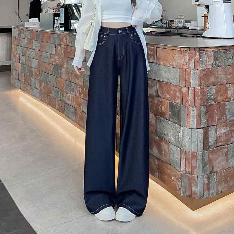 デニム レディース テンセル ジーンズ ワイドレッグパンツ 高 Tallサイズ ウエストゴム ゆったり ストレート カジュアル 通勤 オフィス 7分丈 9分丈 春 夏 ブルー ブラック