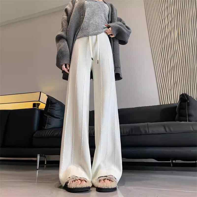 ニット ワイドパンツ レディース 秋冬 高見え リラックス ゆったり ストレート あったか 厚手 ズボン 米白 燕麦 ブラック