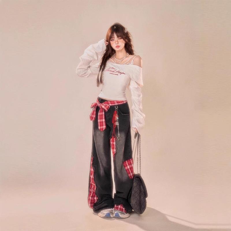 デニム レディース 格子柄 切り替え ワイドパンツ ローライズ ジーンズ ジーパン ストレート 黒 ブラック S M L XL 4,519円
