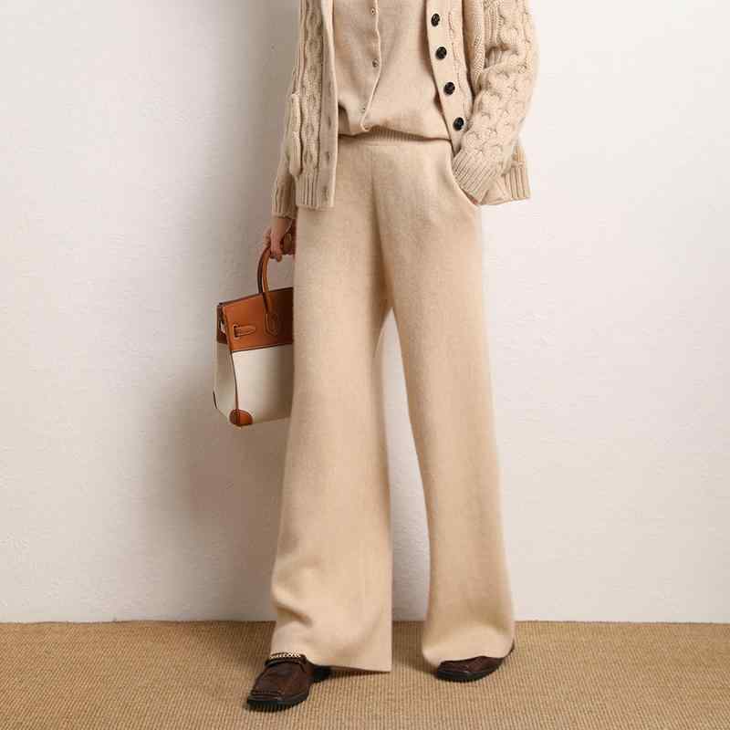 ズボン下 レディース カシミール 秋冬 朦朦たる 編み物 ワイドレッグ 高腰 引っ切り無い ゆったり 心地好い 伸び伸びする ドレープ ズボン 白 青 紫 黒 赤銅色 薄墨色