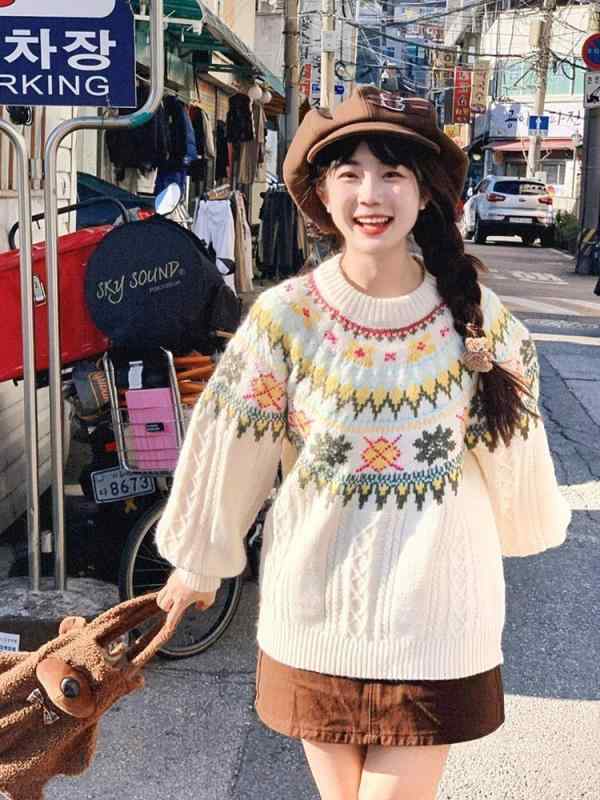 ニット レディース 秋冬 フェアアイル柄 プルオーバー 韓国風 ゆったり かわいい 幾何学模様 長袖 トップス 杏色 ブルー