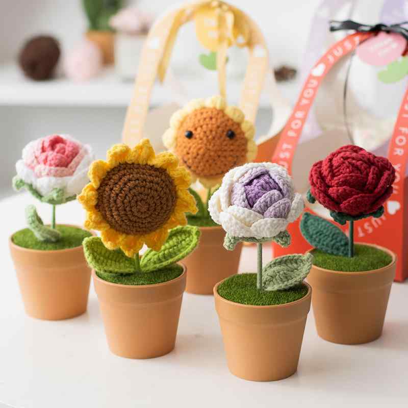 花束 母の日 ギフト 先生 プレゼント 盆栽 ヒマワリ バラ 造花 毛糸 手編み ホームデコレーション 贈り物