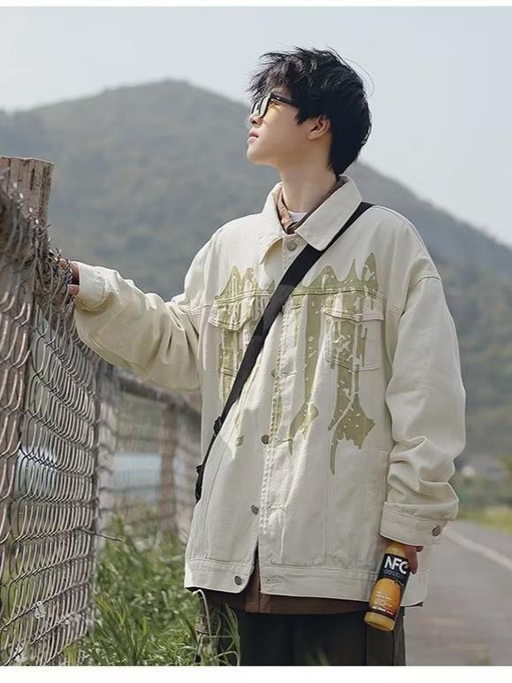 ジャケット メンズ 男性用 デニム 春秋 高街 ルーズ 塗鴉 落書き プリント アウター カジュアル
