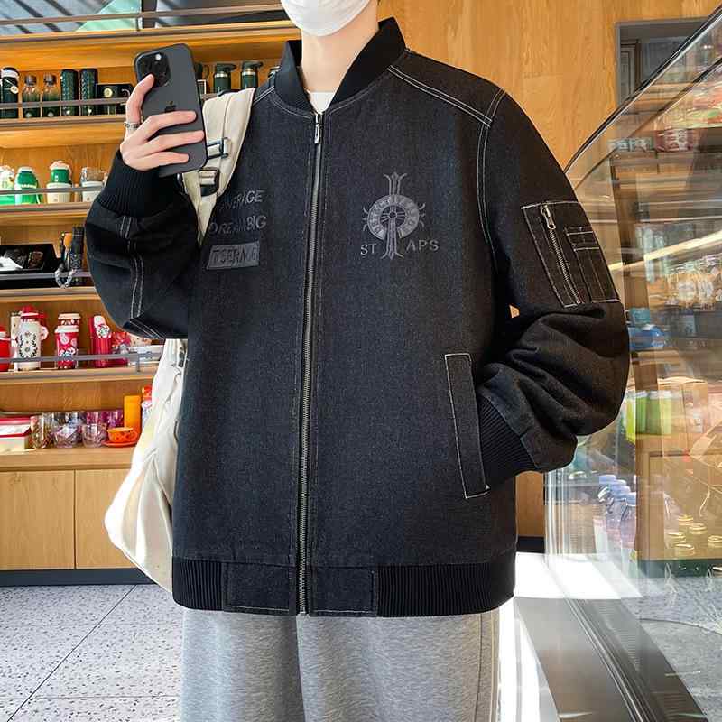 ジーンズ上衣 成人男性用 Gジャン 照明ランプ色つや 上衣 馬鹿でかい大きさ ゆったり 黒いこと 薄墨色 綿100% 綿織物 普段使い
