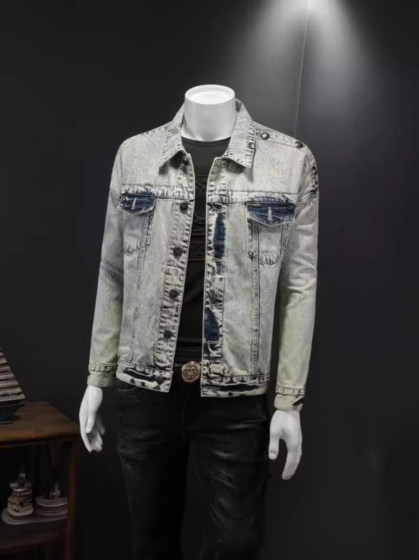 ジャケット 男性用 耐摩耗 ウォッシュド デニムジャケット Gジャン 雪花色 刺・墸 レトロ スプリングコート