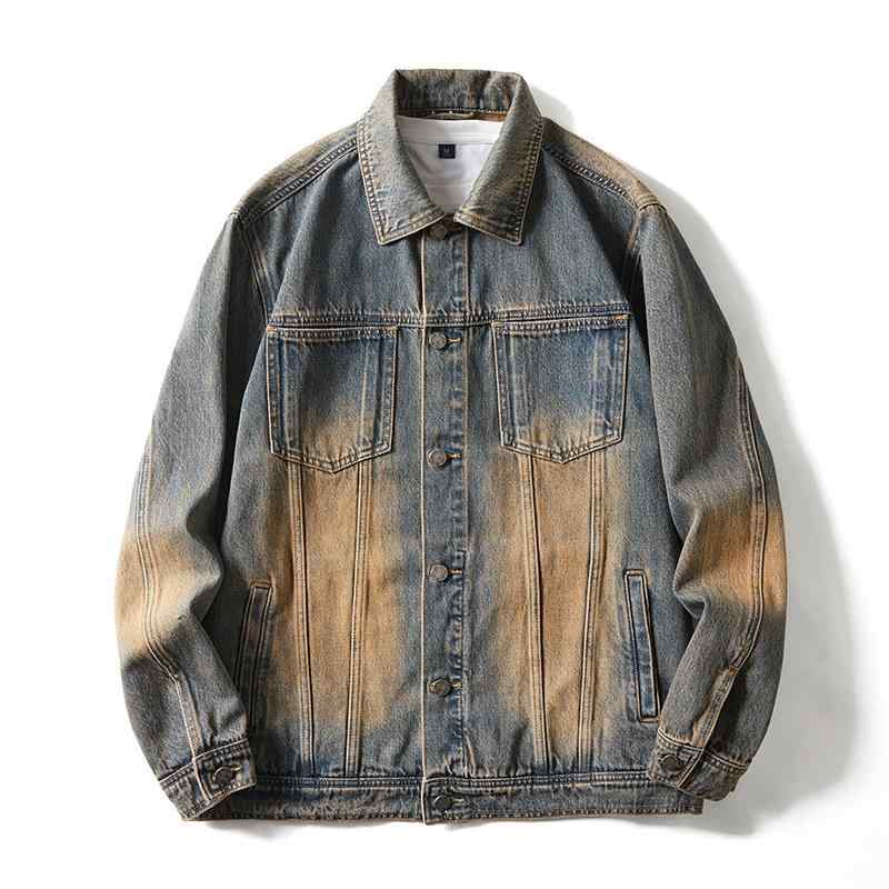 上衣 成人男性用 水洗いする製造 ジーンズ ウォッシュド ビッグ大いさ ゆったり 細工物 表どおり イエローオーカー色 コート・ジャケット-メンズファッション