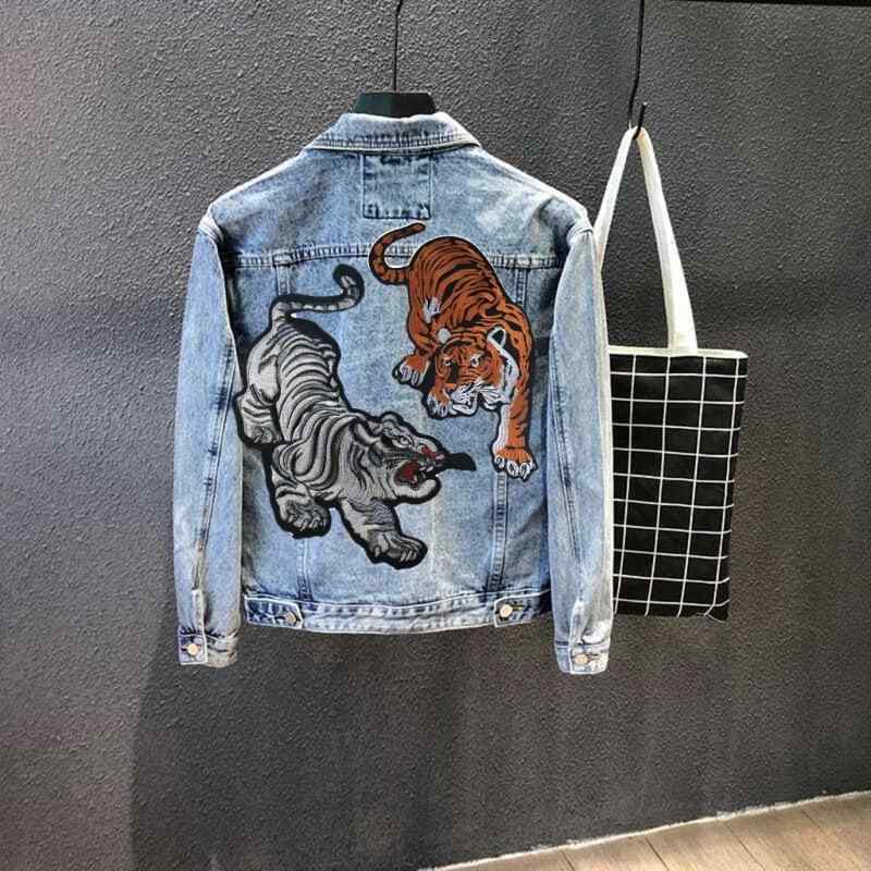 ジャケット 男性用 デニムジャケット 刺繍 立襟 春秋 スリムフィット 普段使い 伸縮性 ライトブルー