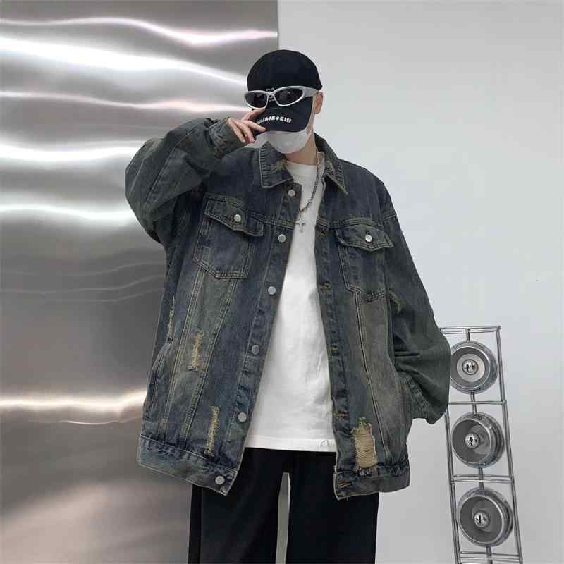 ジャケット 男性用 デニムジャケット 春秋物 ブルゾン ダメージ加工 ゆったり ワークスタイル ストリート カジュアル ブルー イエロー ブラック