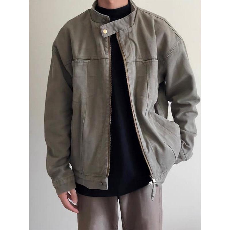 ジャケット 男性用 デニム 立襟 春秋 ウォッシュ加工 ゆったり カーキ色 グリーン 綿