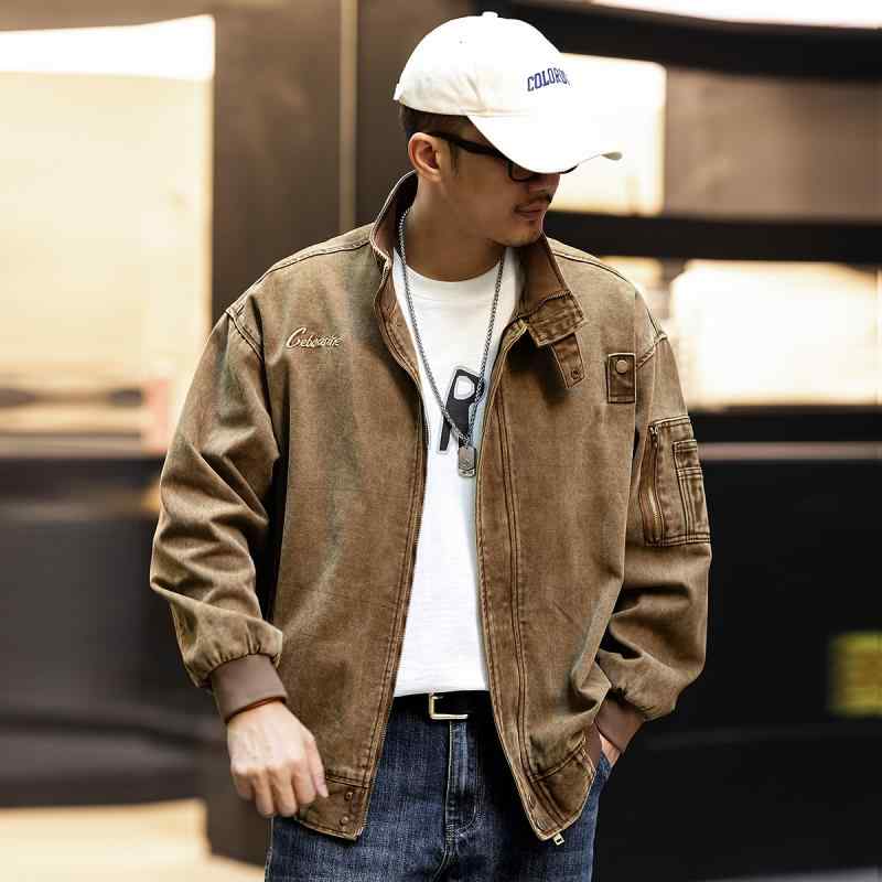 上衣 成人男性用 ジーンズ上衣 細工物上衣 ミリタリー上衣 上衣 Gジャン アウター ライトアウター Stand collar 照明ランプ色合い 春 秋 カーキ コート・ジャケット-メンズファッション