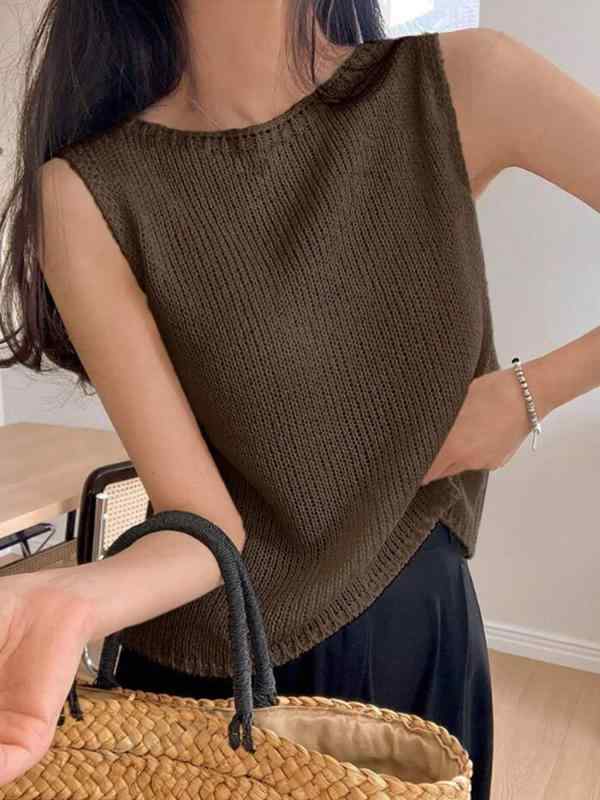 ニット レディース ラウンドネック ベスト 女性用 ノースリーブ トップス 春夏 コーヒー色 白色 ブラック S M L XL ポリエステル 普段使い カジュアル