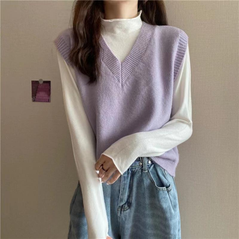 ベスト レディース 春秋 ニットベスト トップス 秋冬 重ね着風 ノースリーブセーター アウター 通勤 普段使い 白色 黒色 杏色 暖黄色 姜黄色 オレンジ色 グリーン ?霾藍 浅灰色 深灰色 ピンク系 レンガ色 S M L XL