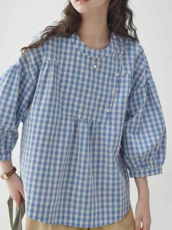 シャツ レディース かわいい パフスリーブ 格子柄 ボタン デザイン 切り替え トップス ブルー系 S M L XL 春 日韓 カジュアル