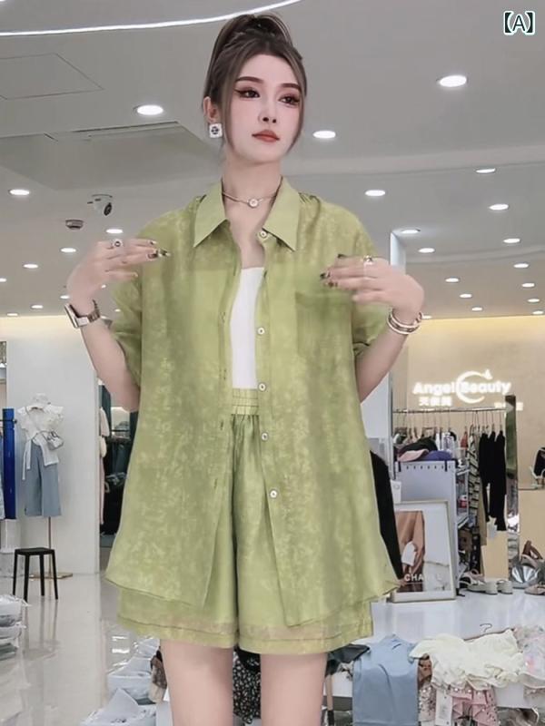セットアップ レディース 蝶結び リボン ショートパンツ 2点 上下セット 襯衫風 トップス ポリエステル 無地 春夏 通勤 きれいめ かわいい グリーン ピンク系