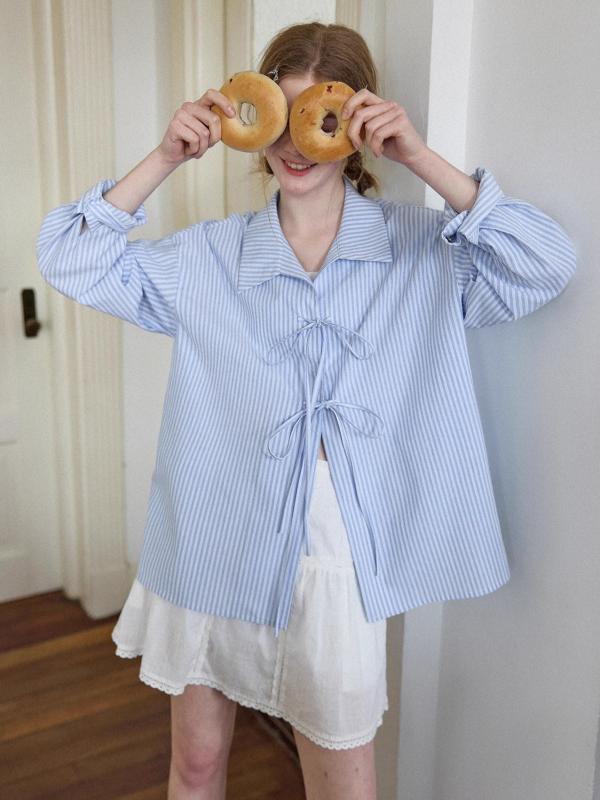 シャツ レディース 亜麻 綿 リネン 混紡 トップス 長袖 ブルー ストライプ ゆったり 接触冷感 涼しい ドロップショルダー リボン 結び