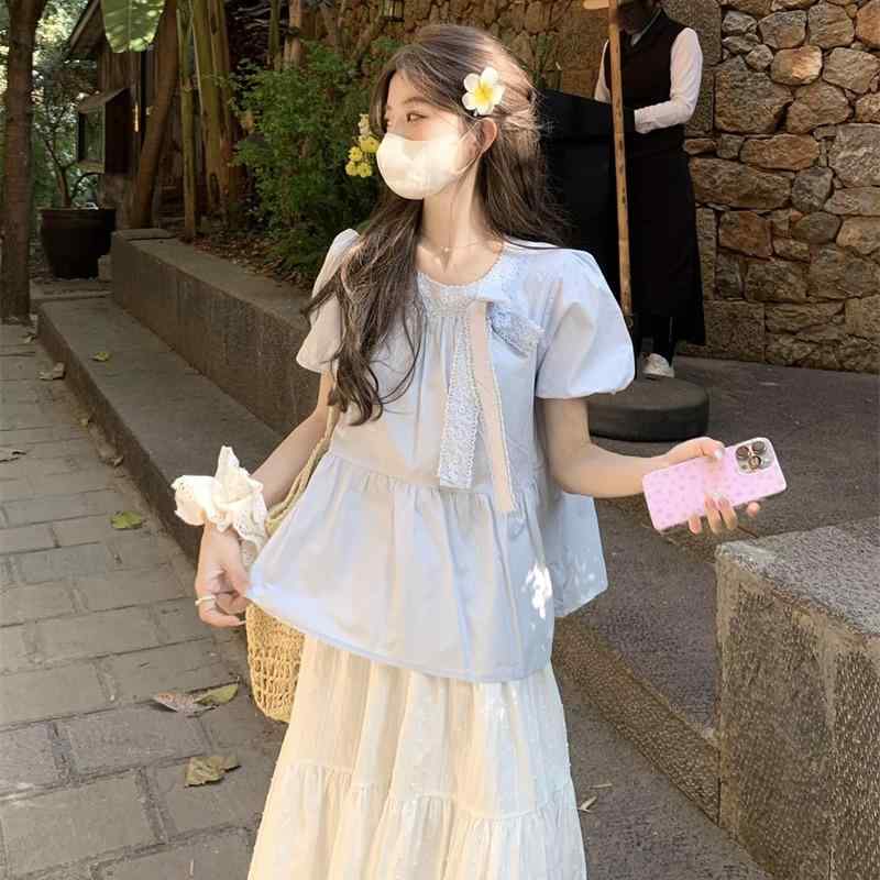 シャツ レディース 半袖 ギャザー パフスリーブ 蝶結び リボン 接触冷感 ゆったり かわいい ブルー アイボリー