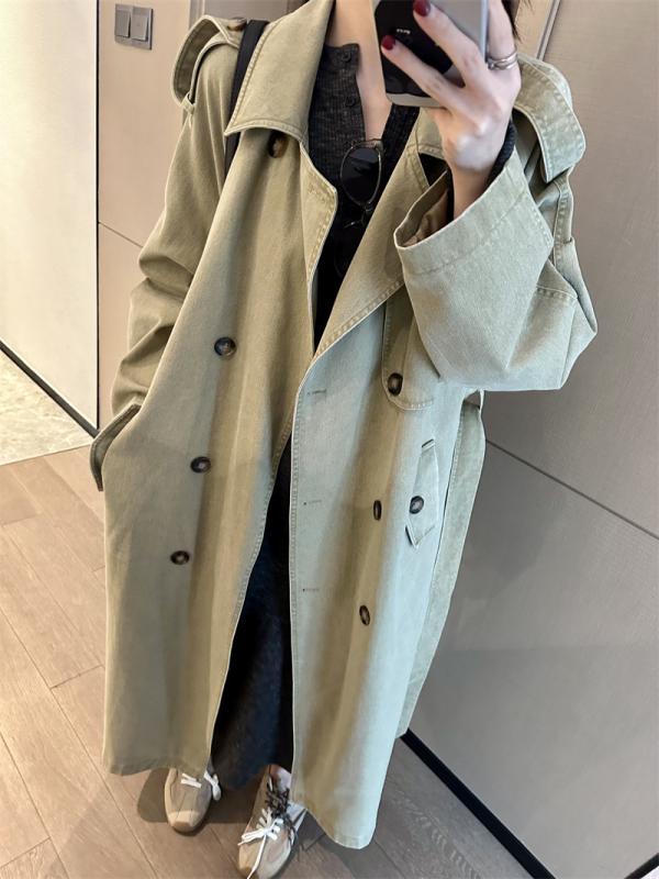 コート レディース 春秋 薄手 ダブルブレスト ロング丈 トレンチコート 浅カーキ ポリエステル 繊維 ゆったり 韓国風 リラックス カジュアル