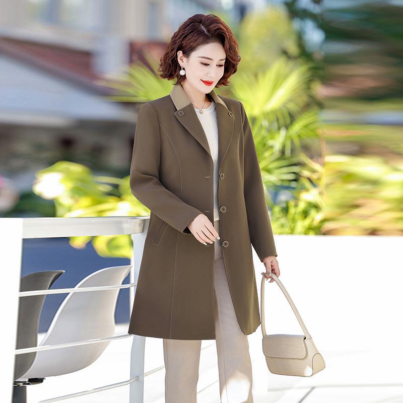 コート レディース ミセス スプリングコート 薄手 ポリエステル アウター 婦人服 上着 長袖 膝丈 ミディアム丈 無地 羽織り カーキ コーヒー色 通勤 きれいめ エレガント 上品