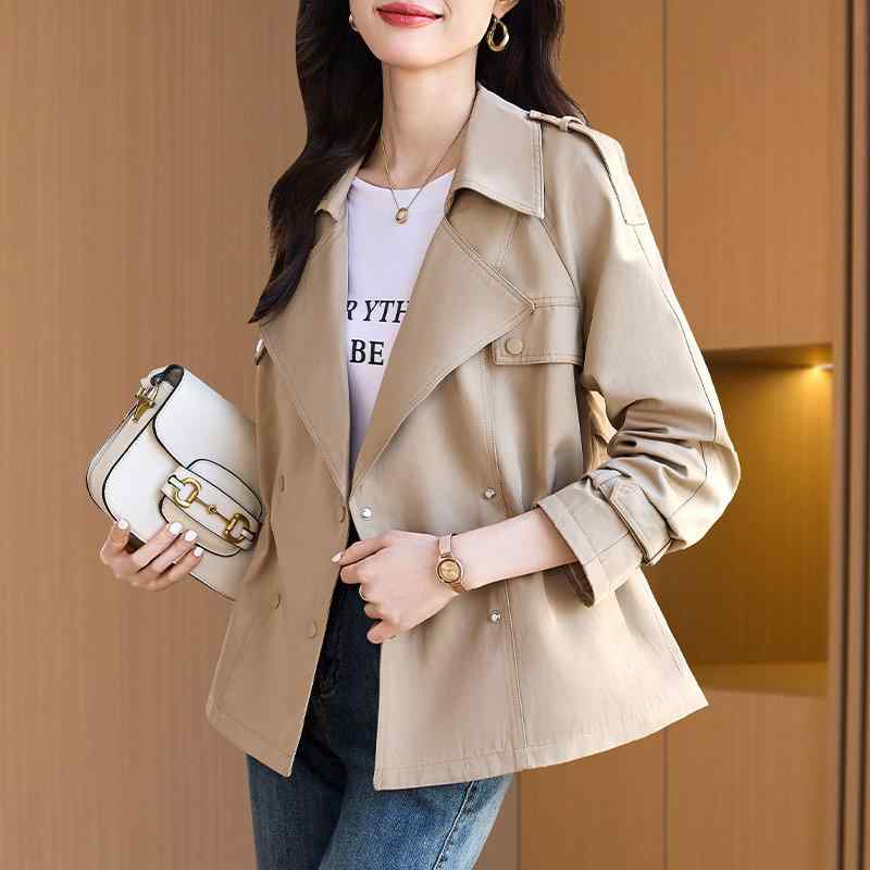 厚地の外套 レディース 秋物 ダブル前胸部 薄っぺら 真っただ中丈 ゆったり 体型覆いかぶせる 好いたらしいめ 通い 無地 象牙色 カーキ 黒いこと 緑であること