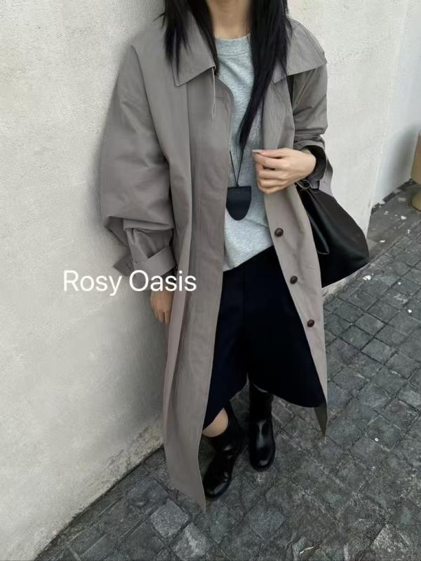 レディーストレンチコート 韓国風青写真 薄っぺら 襟付き添い人 ロング丈 酉の方角胴締め アウター 綿 混紡 春夏 個人的特徴 表どおり 杏 うす暗い薄墨色
