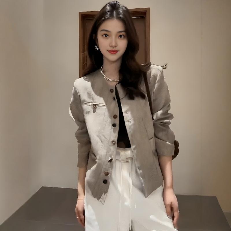 ジャケット レディース 薄手 春物 アウター 大きいサイズ ゆったり カーディガン 上着 ラウンドネック ベージュ系