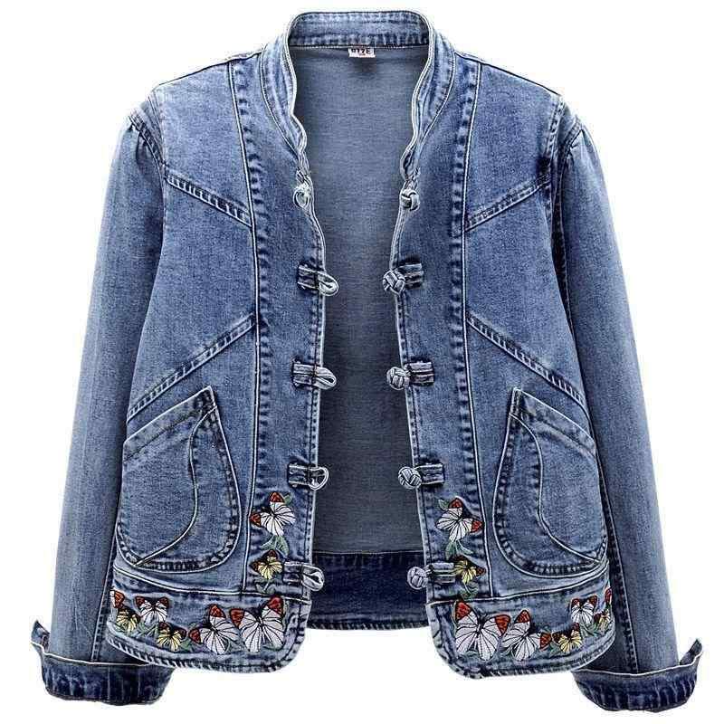 ジャケット レディース デニムジャケット ショート丈 中国風 刺繍 ストレッチ スリム 長袖 立襟 デニムブルー