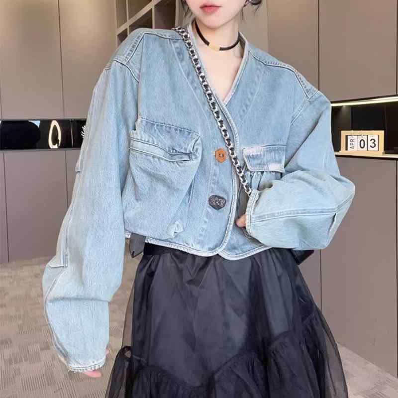 デニムジャケット レディース 春秋 デニムスカート セットアップ Vネック 長袖 ショート丈 羽織り アウター Gジャン 通勤 きれいめ かわいい 婦人服 デイリーユース