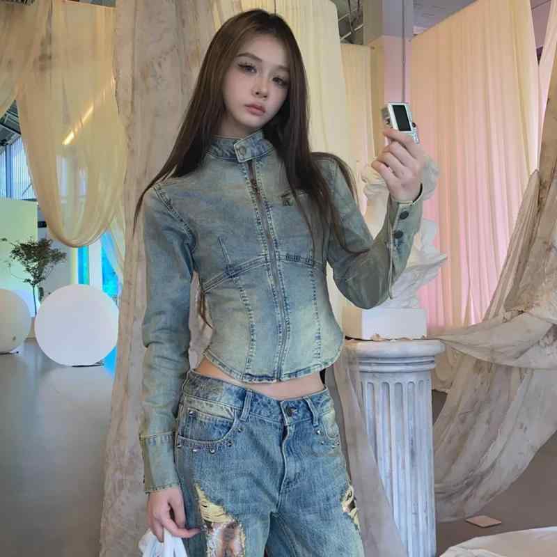 デニムジャケット レディース 春秋 Gジャン ウォッシュ加工 短丈 アウター 長袖 スリムフィット ブルゾン 立襟 綿95% ブルー