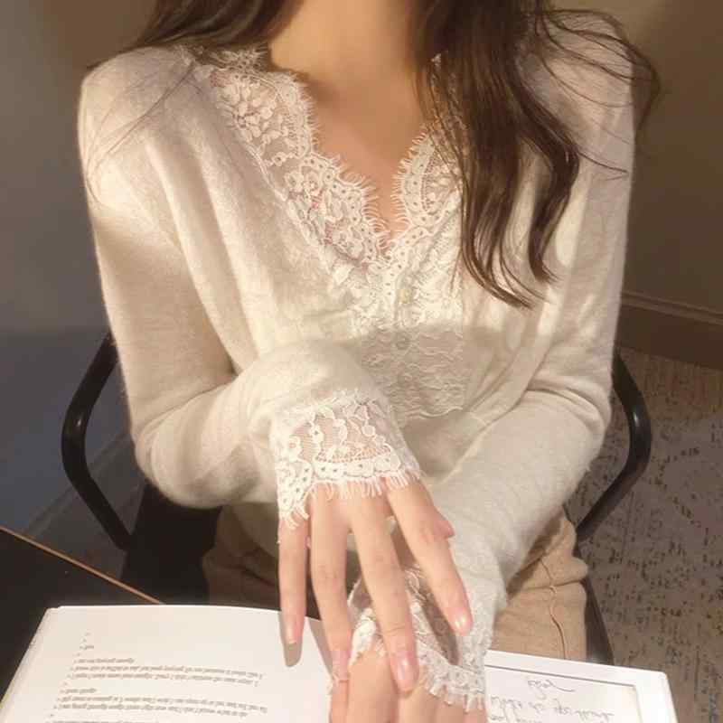 ニット レディース Vネック レース 花柄 長袖 トップス カットソー 修身 セクシー かわいい 白 黒 杏色