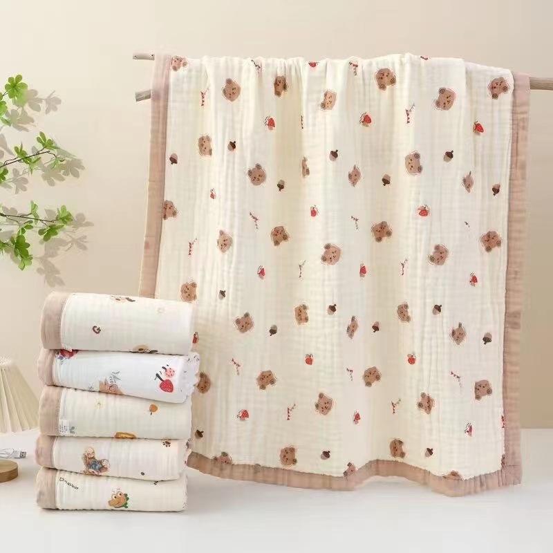 ベビー バスタオル 子供用 純綿 6重ガーゼ 柔らかい 大判 高密度 毛布 綿100% 150×120cm 包? 印花 平織り 小?果松鼠・稀 小南瓜桔 小狐狸桔 甜草莓藍 小恐??