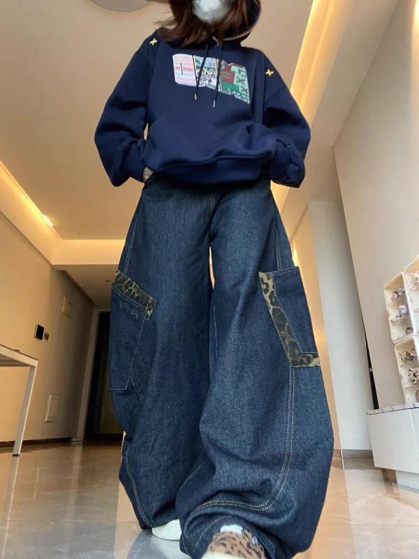 ジーンズ レディース ヒョウ柄 切り替え デニム ワイドレッグパンツ ハイウエスト ジーパン Gパン ズボン パンツ ゆったり ルーズフィット ストリート カジュアル コットン