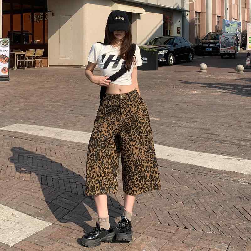 デニム レディース ヒョウ柄 ハイウエスト ワイドレッグ ショートパンツ 春夏 カジュアル 韓国風 5分丈 直筒 美脚 デニムパンツ