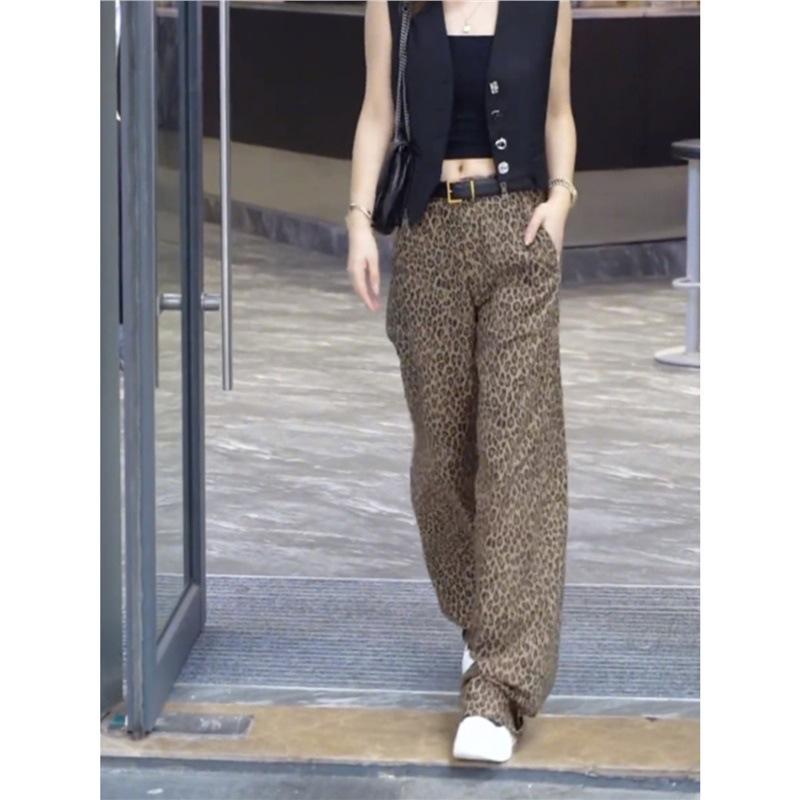 パンツ レディース ヒョウ柄 シェニール 伸縮性 ハイウエスト ワイドレッグパンツ ストレート 秋 秋冬 ゆったり リラックス