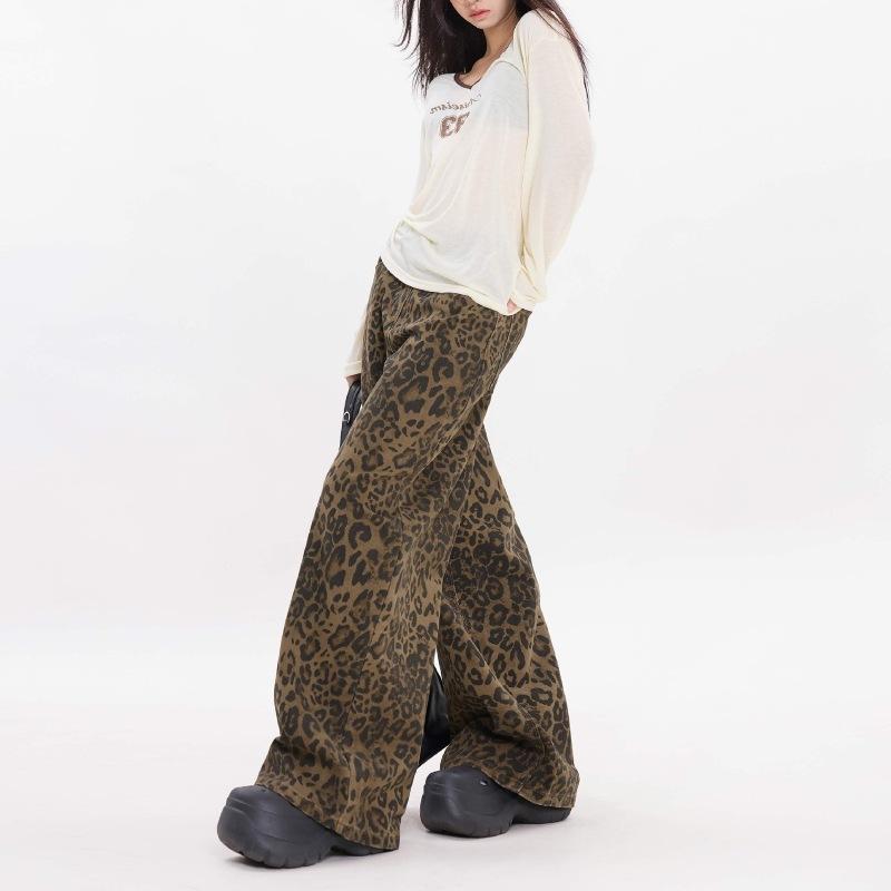パンツ レディース ヒョウ柄 ワイドレッグパンツ ハイウエスト コットン デニム ジーンズ ジーパン ゆったり ストリート カジュアル