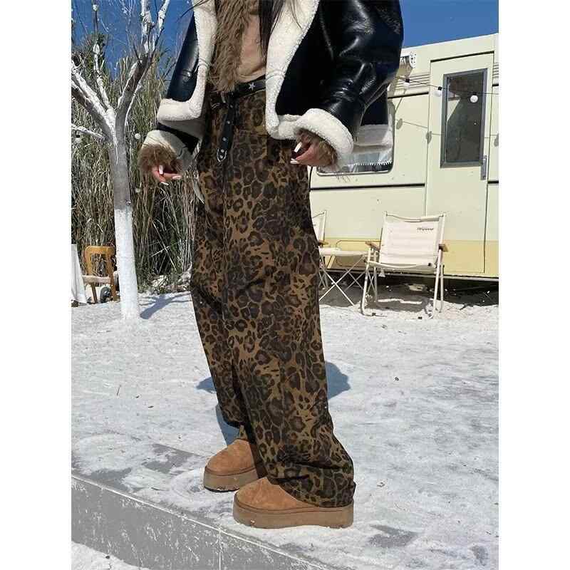 パンツ レディース ヒョウ柄 ワイドレッグ デニムパンツ メンズ 秋冬 ゆったり カジュアル ロングパンツ ジーパン ボトムス