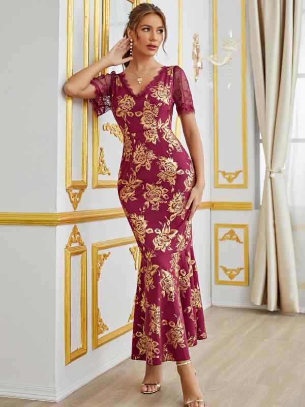 ワンピース レディース 春夏 Vネック 半袖 ロング丈 包臀 プリント柄 elegant ?金加工 ポリエステル リゾート 普段使い 赤 レッド 紫 パープル系