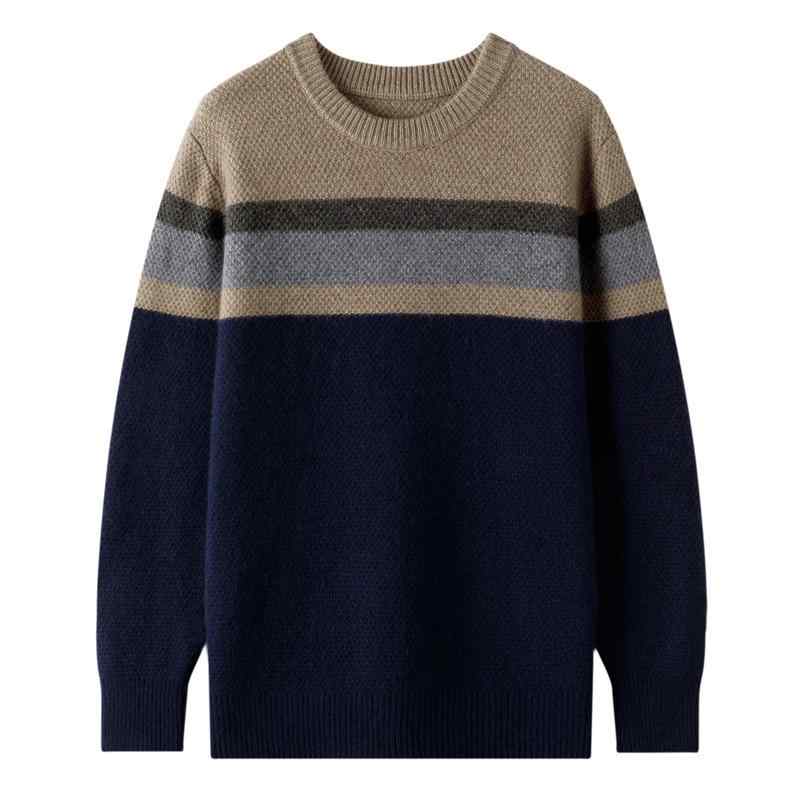 ニット メンズ 男性用 秋冬 配色 ストライプ柄 カジュアル 羊毛 カシミヤ セーター 36%~40%配合 親肌 柔らかい ミドルエイジ ハイエンド
