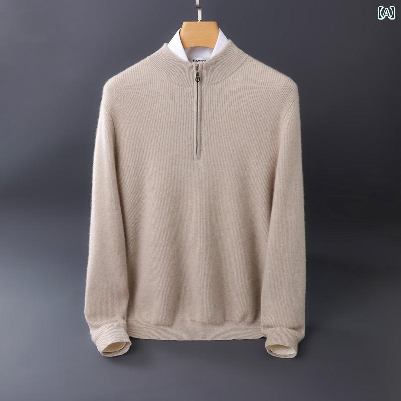 編み物 メンズ 成人男性用 スウェーター 羊毛 カシミール混紡 二分の一ハイネック ファスナー ティーシャツ トップス 朦々たる 商行為 心地よい 通い 無地 秋冬