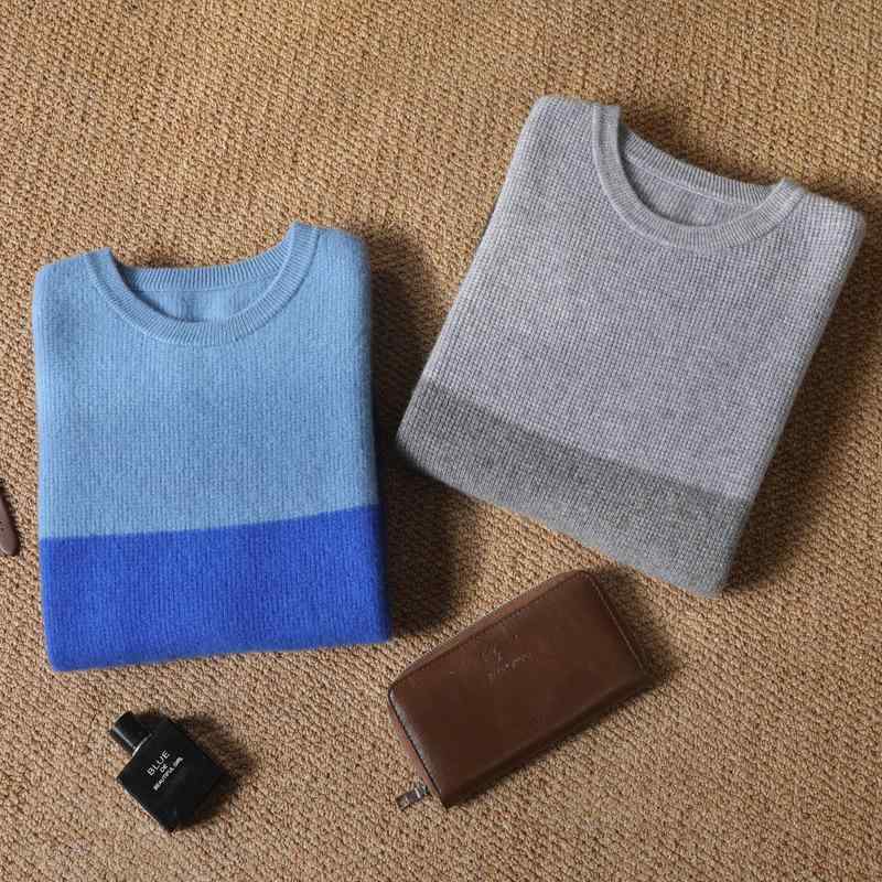 セーター メンズ 男性用 ウール100% 冬用 厚手 ニット クルーネック プルオーバー ウール 羊毛 配色 灰色 ブルー|Tanzan