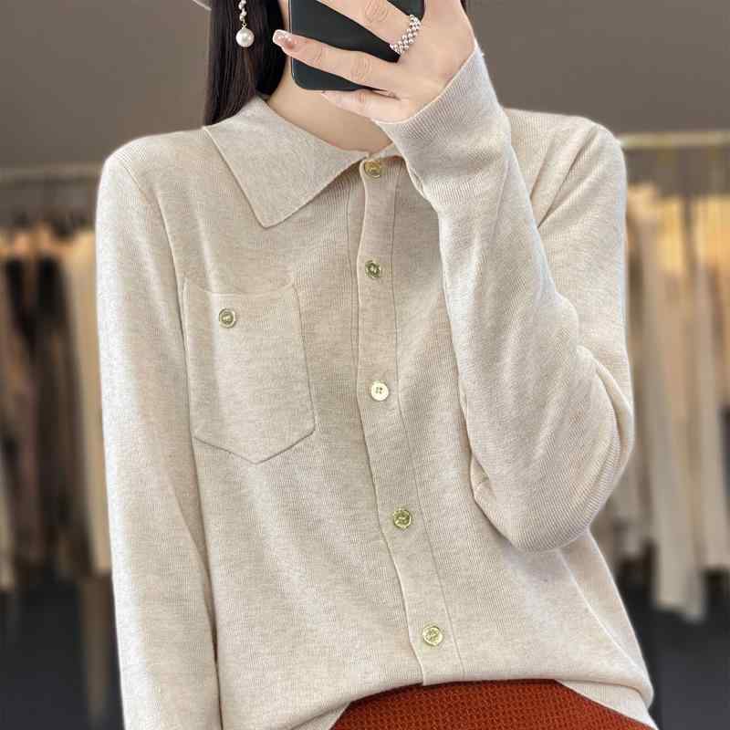 ニット レディース 秋冬 Polo襟 カーディガン ウール混紡 無地 トップス 長袖 ショート丈 きれいめ 上品 オフィスカジュアル ベージュ ホワイト系